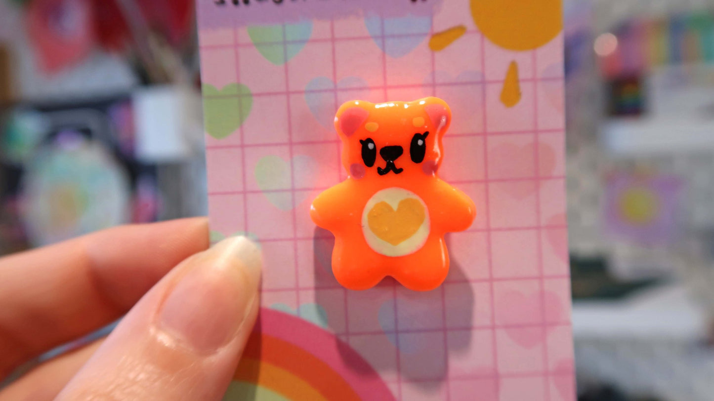 Neon Orange Heart Bear Pin