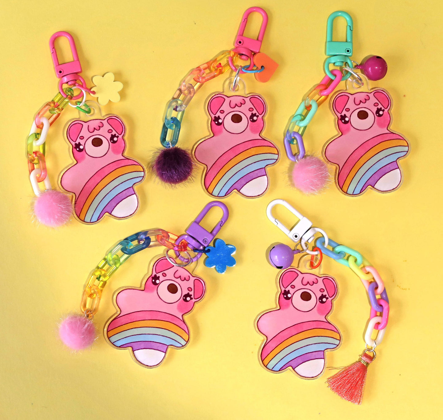 Rainbow bear acrylic keyring w/ charms