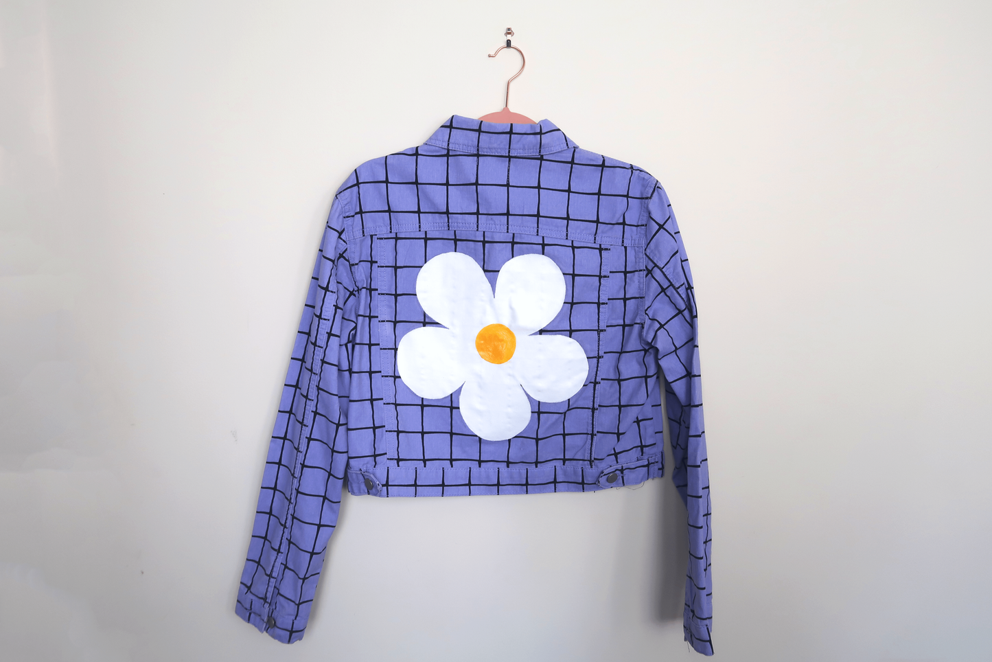 Purple Grid Flower Cropped Denim Jacket - Hand Painted - UK Size 12