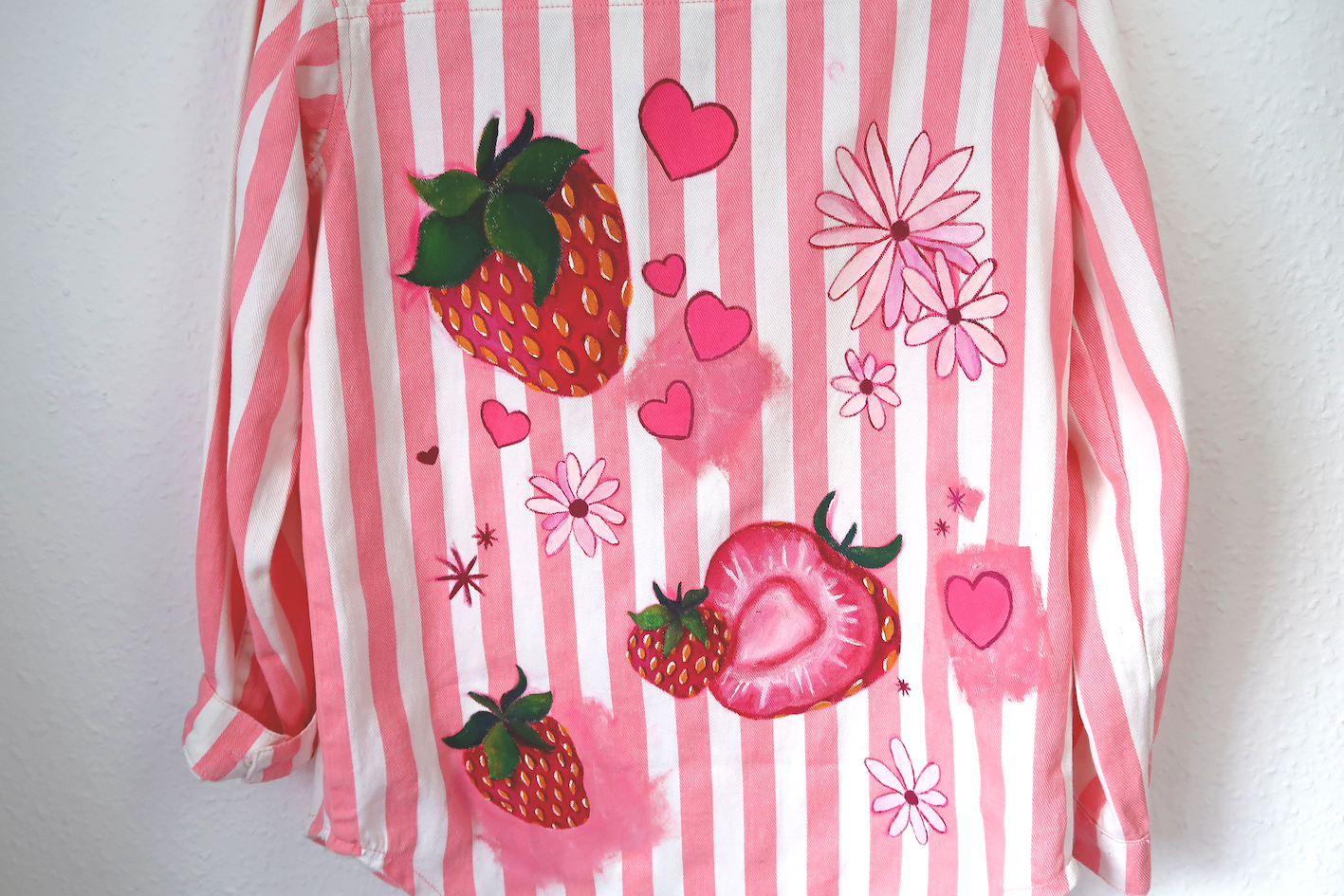 Strawberry Dream Striped Denim Shirt Jacket - Custom Painted - UK Size Women's size 4