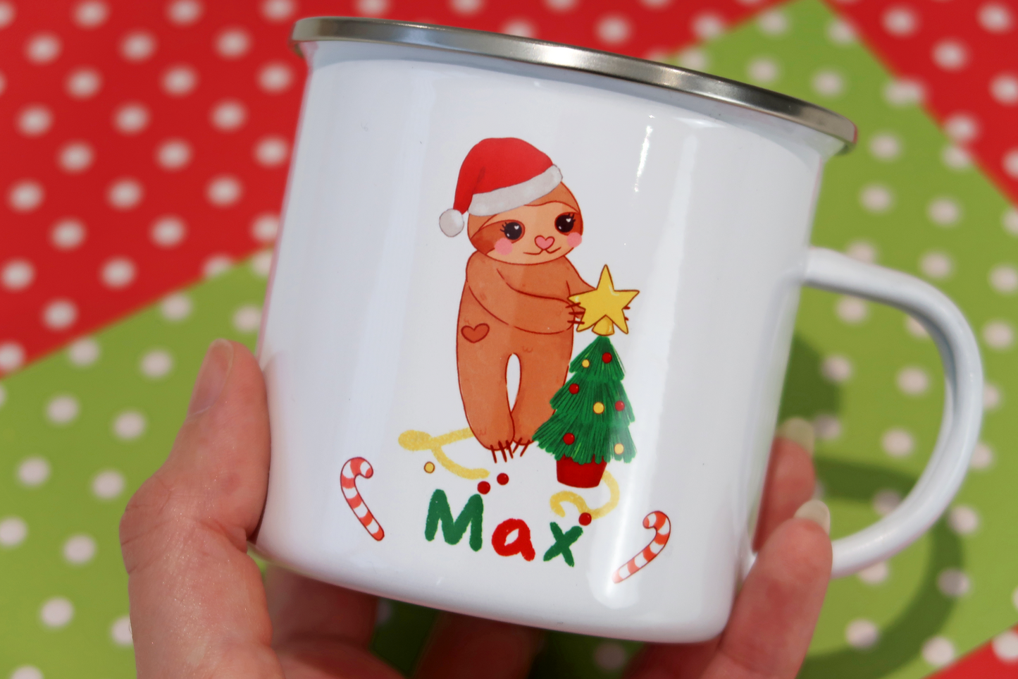 Sloth Personalised Name Christmas Tree Unbreakable Enamel Mug