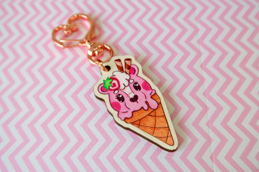 Wooden Strawberry Skunk Ice Cream Keyring