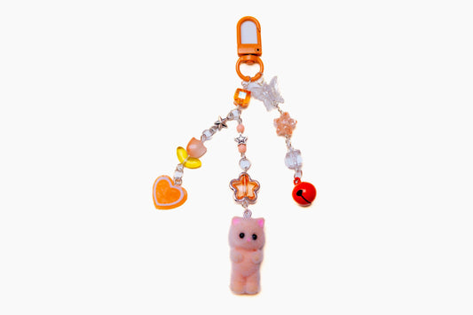 Fuzzy Peach Cat Beaded Keyring