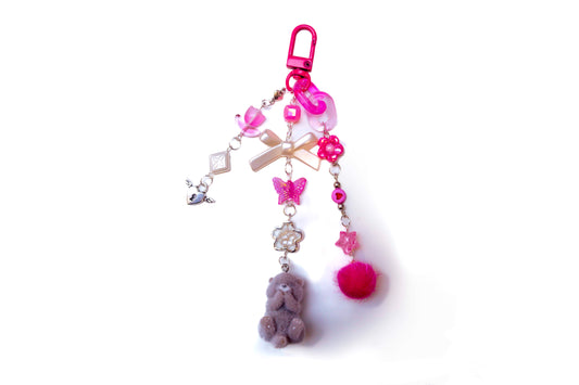 Fuzzy Pink Otter Beaded Keyring