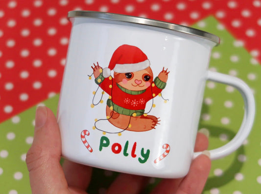 Sloth Personalised Name Christmas Lights Unbreakable Enamel Mug