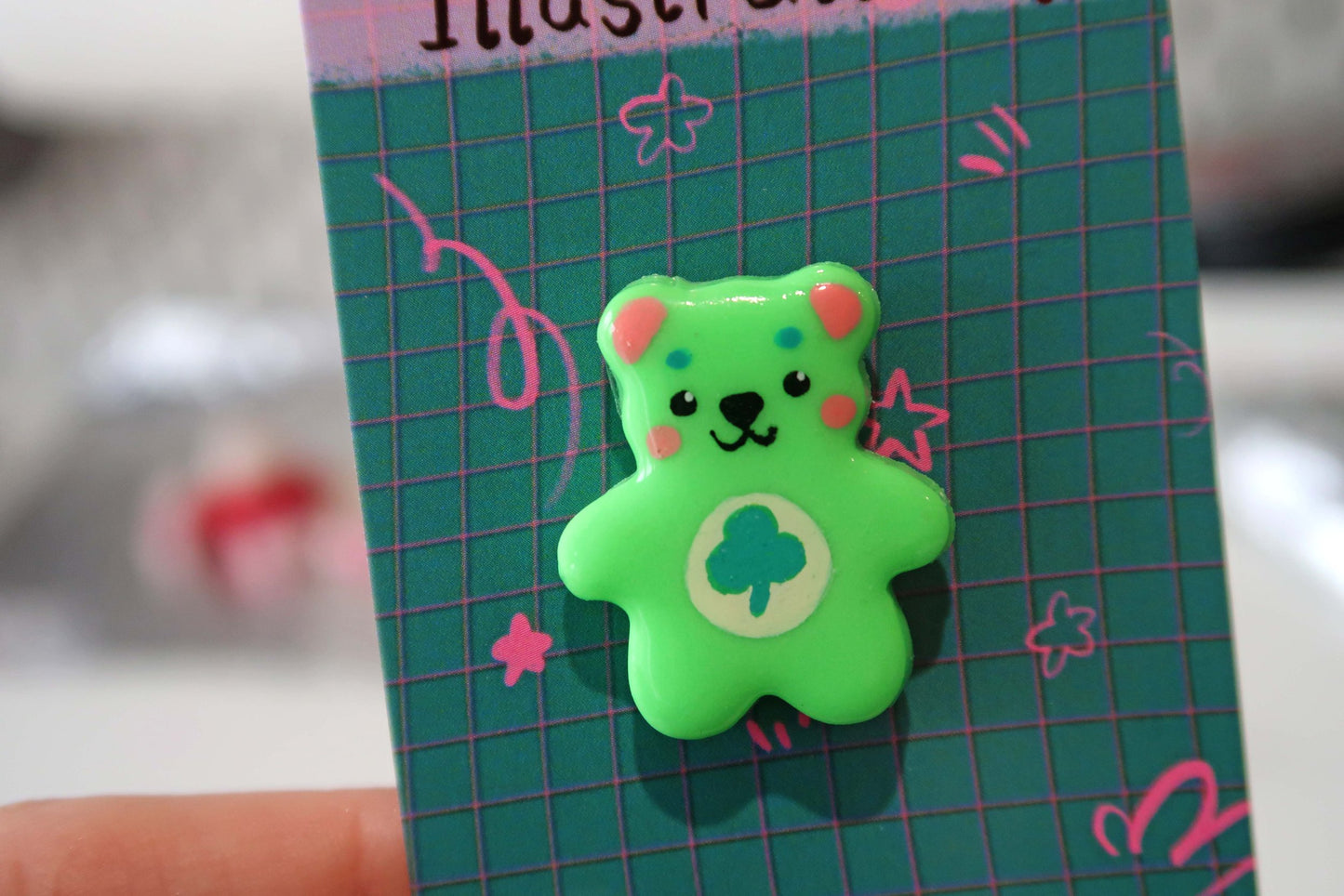 Neon Green Lucky Clover Bear Pin