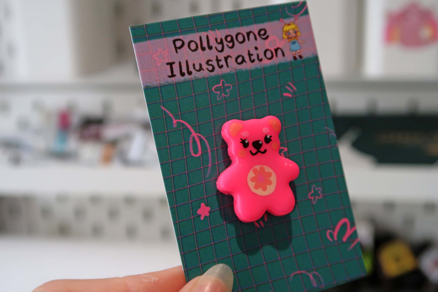Neon Pink Flower Bear Pin