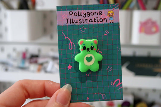 Neon Green Heart Bear Pin