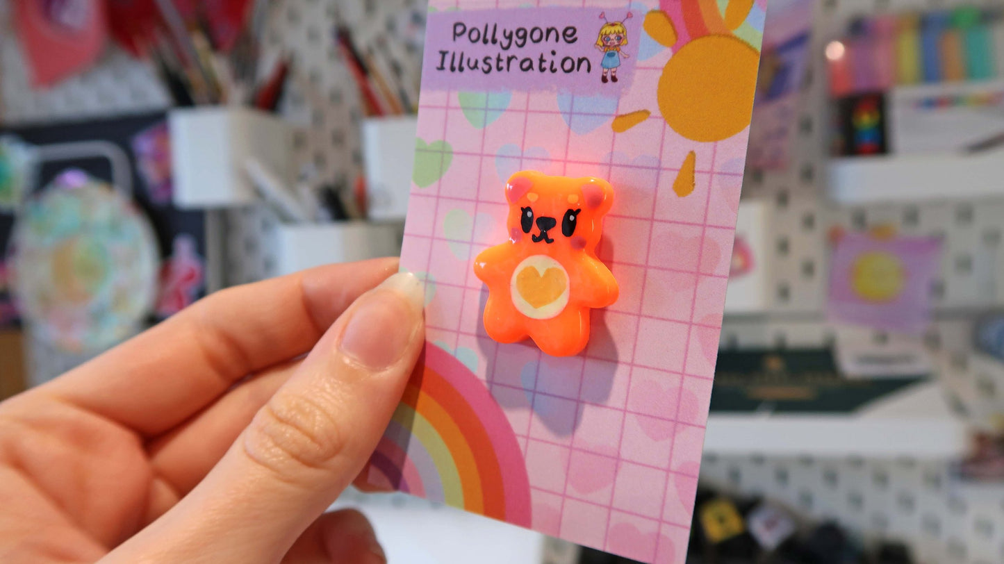 Neon Orange Heart Bear Pin