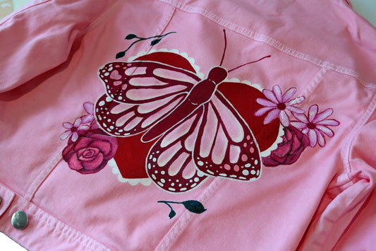 Pink Butterfly Denim Jacket - Custom Painted - UK age 14 (Size 6-8)