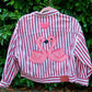 Flamingos Striped Pink Denim Jacket - Custom Painted - UK Size L