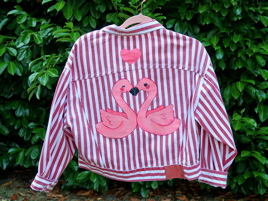 Flamingos Striped Pink Denim Jacket - Custom Painted - UK Size L