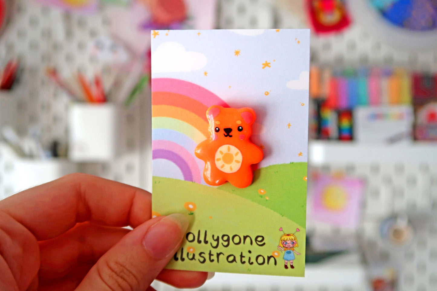 Orange Sunshine Flower Bear Pin