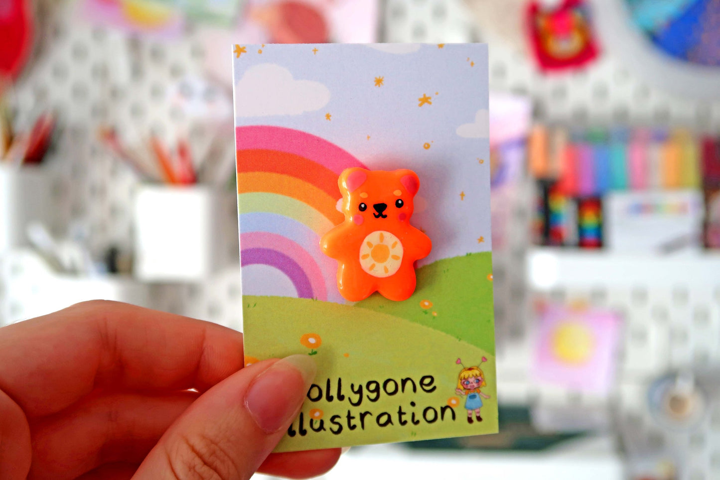 Orange Sunshine Flower Bear Pin