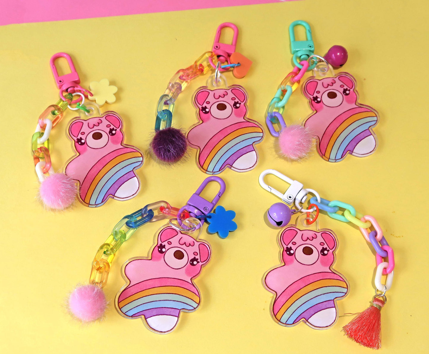 Rainbow bear acrylic keyring w/ charms