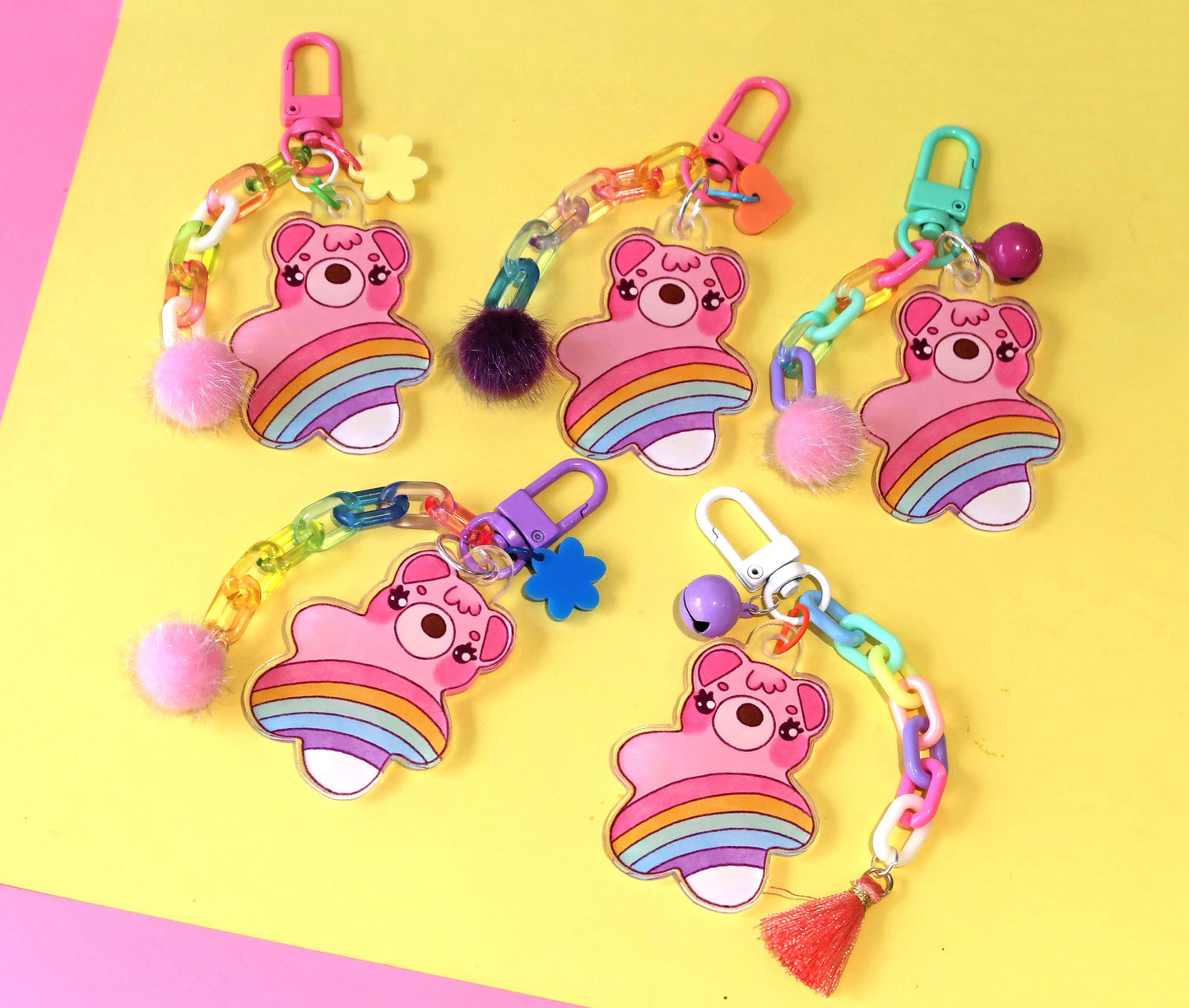 Rainbow bear acrylic keyring w/ charms