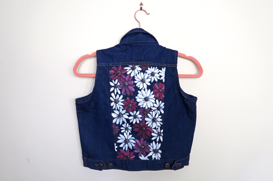 Flower Denim Cropped Waistcoat - Hand Painted - UK Size 10