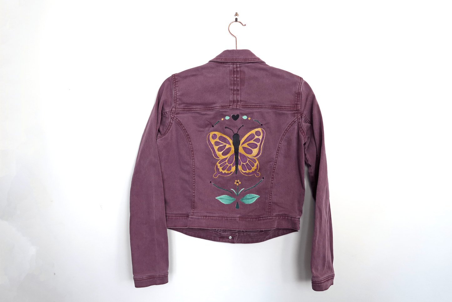 Purple Butterfly Denim Jacket - Hand Painted - UK Size 8