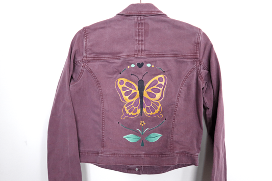 Purple Butterfly Denim Jacket - Hand Painted - UK Size 8