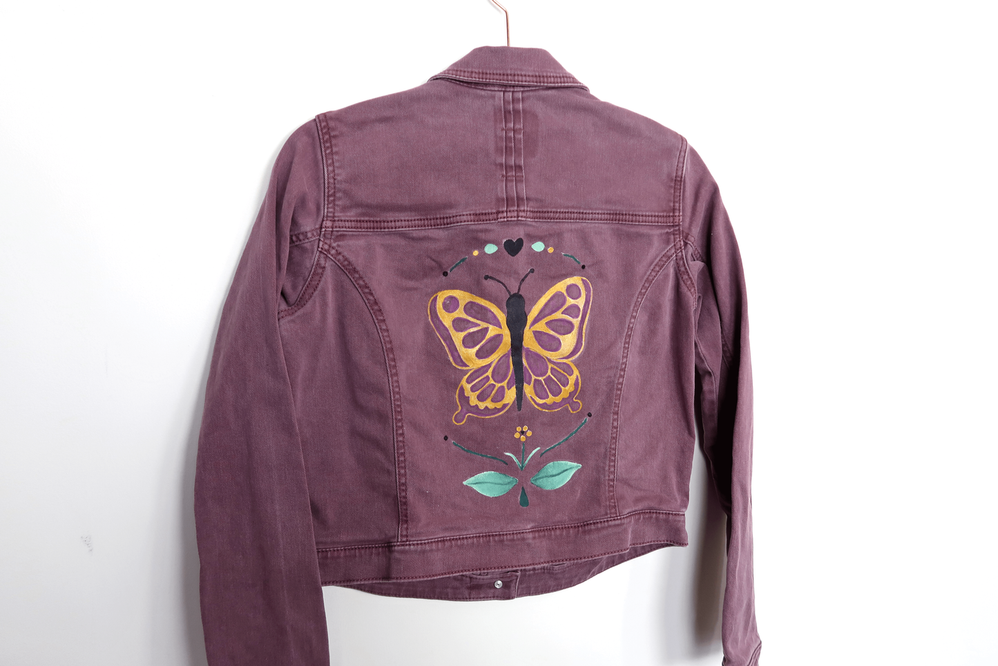 Purple Butterfly Denim Jacket - Hand Painted - UK Size 8