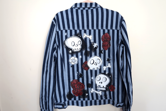 Navy Skull Striped Denim Jacket - Hand Painted - UK Mens Large