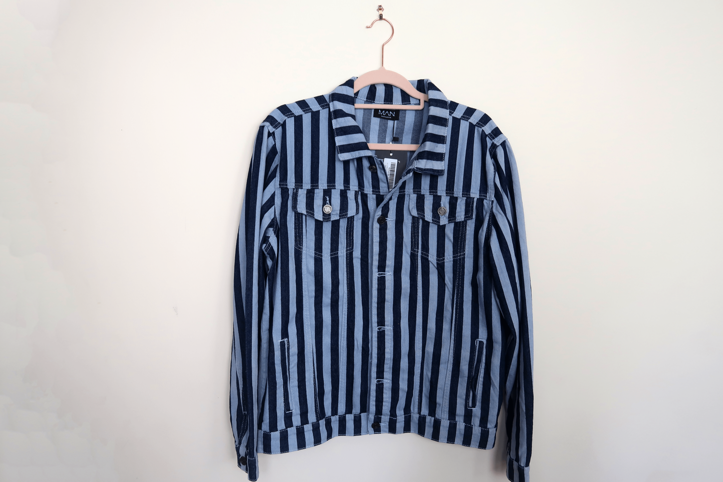 Navy Skull Striped Denim Jacket - Hand Painted - UK Mens Large