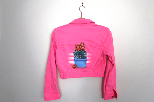 Neon Pink Cactus Denim Jacket - Hand Painted - UK Size Small