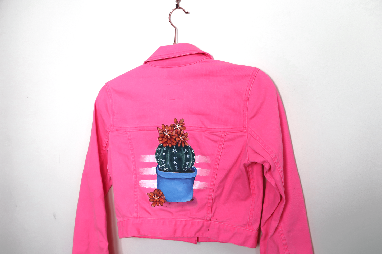 Neon Pink Cactus Denim Jacket - Hand Painted - UK Size Small