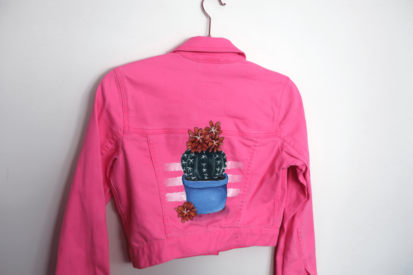 Neon Pink Cactus Denim Jacket - Hand Painted - UK Size Small