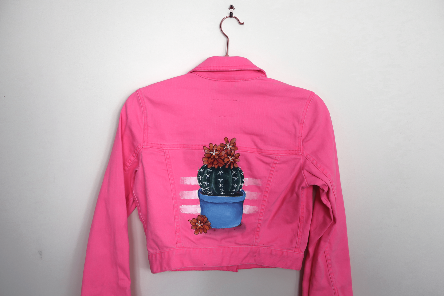 Neon Pink Cactus Denim Jacket - Hand Painted - UK Size Small