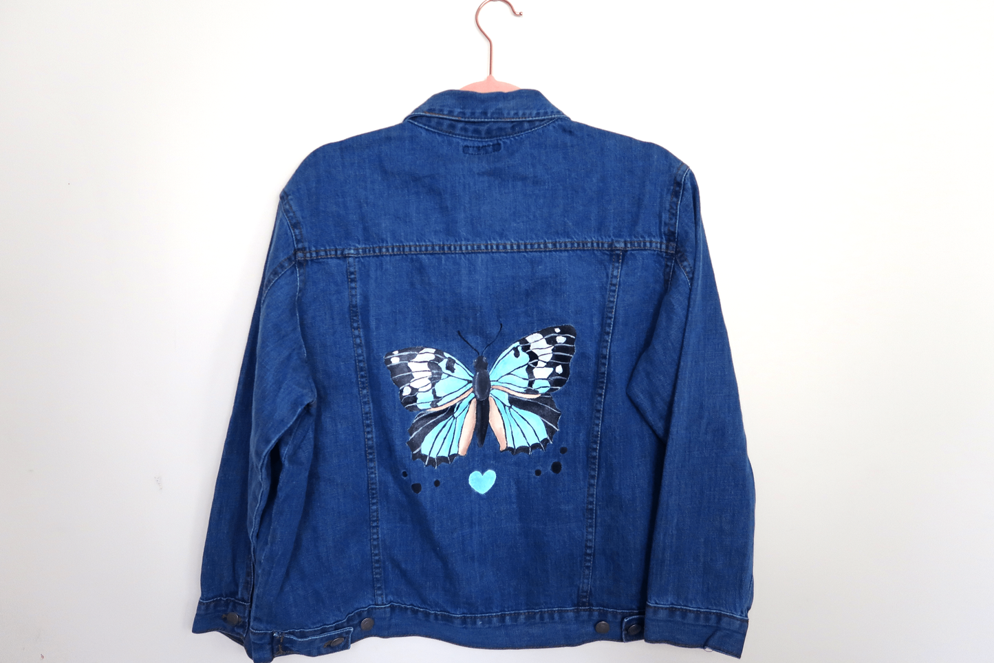 Blue Butterfly Denim Jacket - Hand painted - UK Size Large Petite Women's