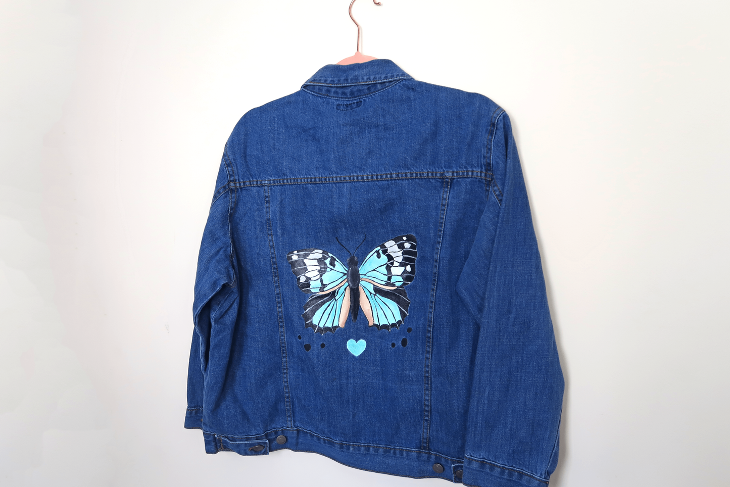 Blue Butterfly Denim Jacket - Hand painted - UK Size Large Petite Women's