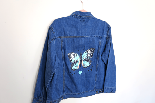 Blue Butterfly Denim Jacket - Hand painted - UK Size Large Petite Women's