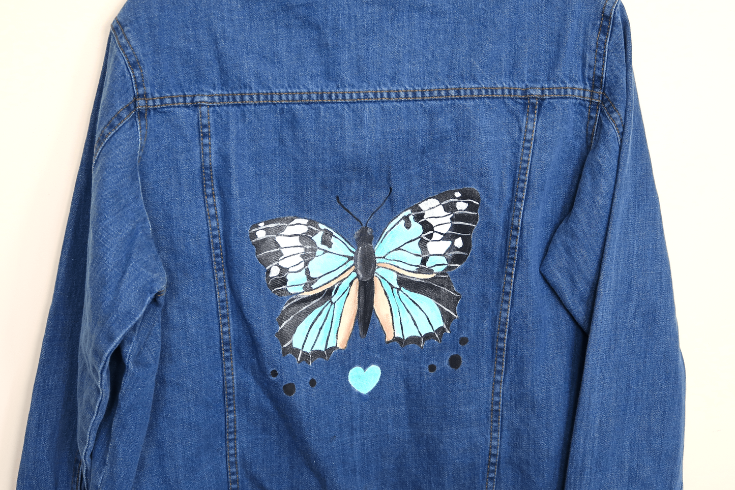 Blue Butterfly Denim Jacket - Hand painted - UK Size Large Petite Women's