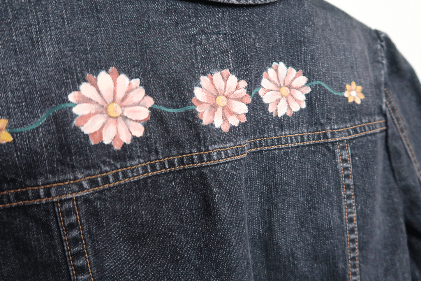 Stylish Flower Zip Denim Jacket - Hand Painted - UK Size M