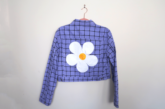 Purple Grid Flower Cropped Denim Jacket - Hand Painted - UK Size 12