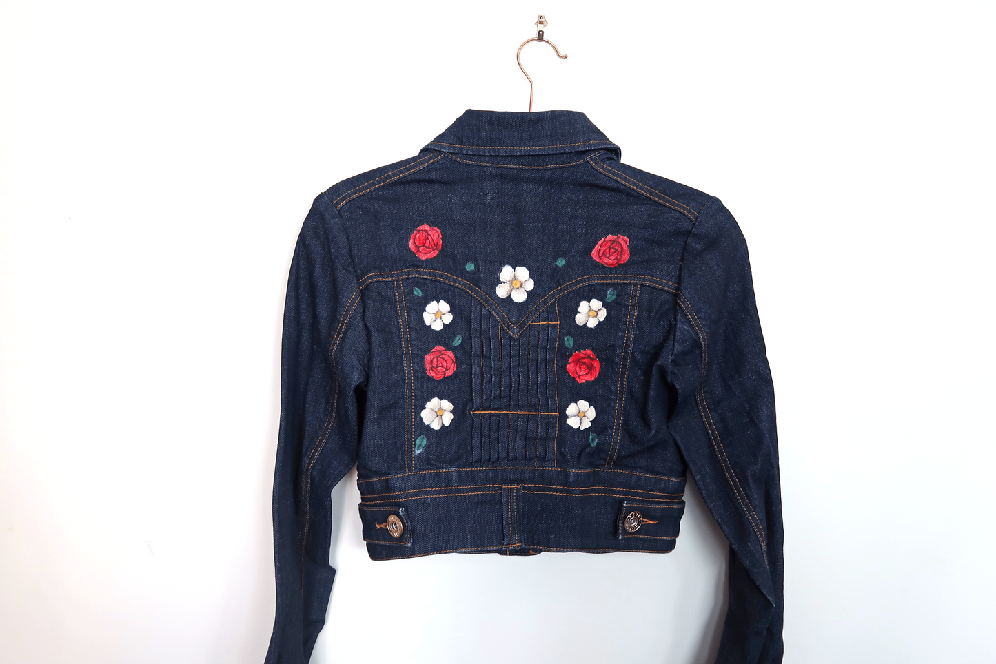 Cropped Daisies & Roses Denim Jacket - Hand Painted - UK Size 10