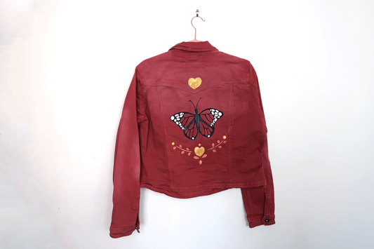 Butterfly Rusty-Red Cropped Denim Jacket - Hand Painted - UK Size 18