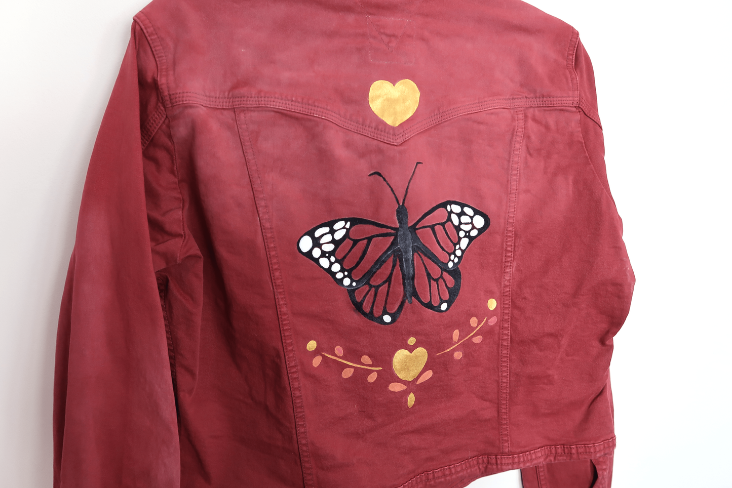 Butterfly Rusty-Red Cropped Denim Jacket - Hand Painted - UK Size 18