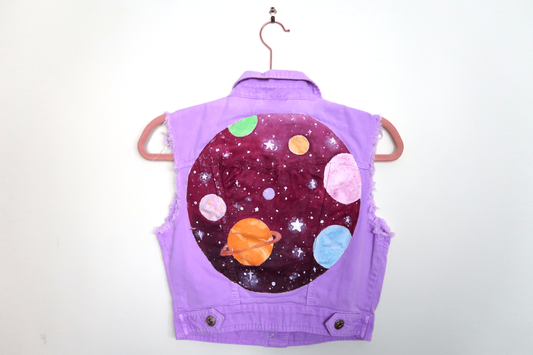 Purple Cropped Galaxy Space Denim Waistcoat - Hand Painted - UK Size 8