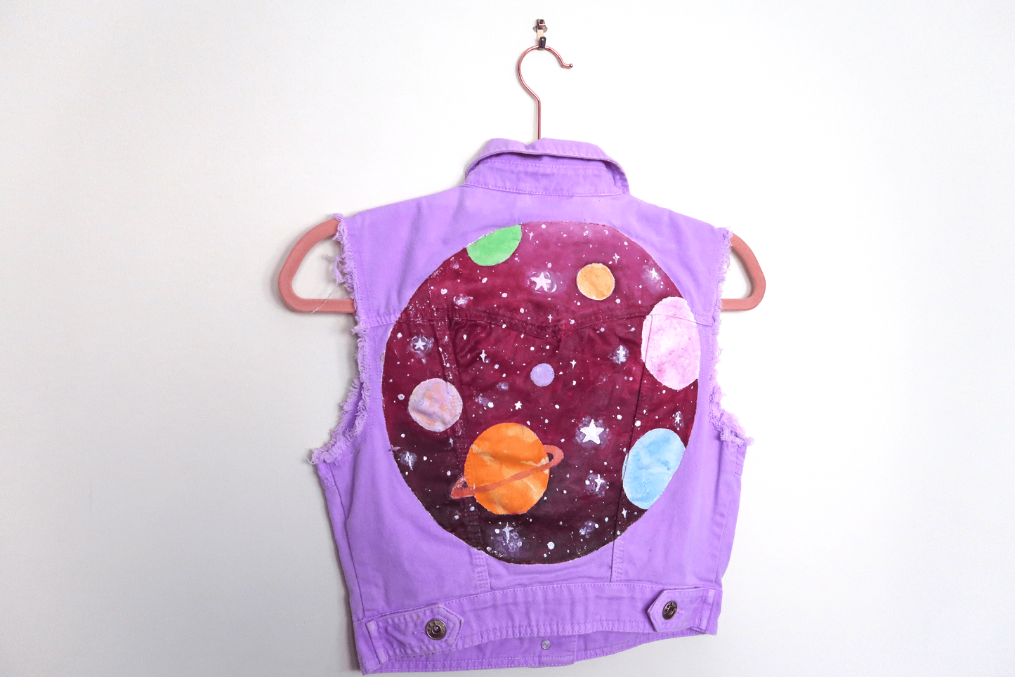 Purple Cropped Galaxy Space Denim Waistcoat - Hand Painted - UK Size 8