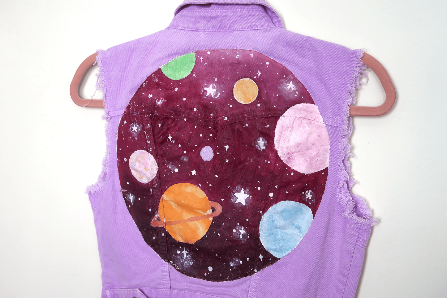 Purple Cropped Galaxy Space Denim Waistcoat - Hand Painted - UK Size 8