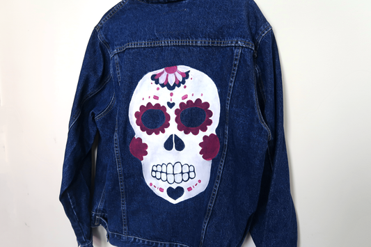 Sugar Skull Denim Jacket - Hand Painted - UK Men's Large