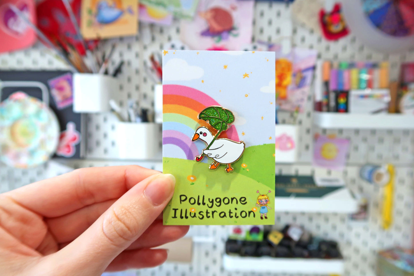 Duck with Glitter Leaf Umbrella Enamel Pin