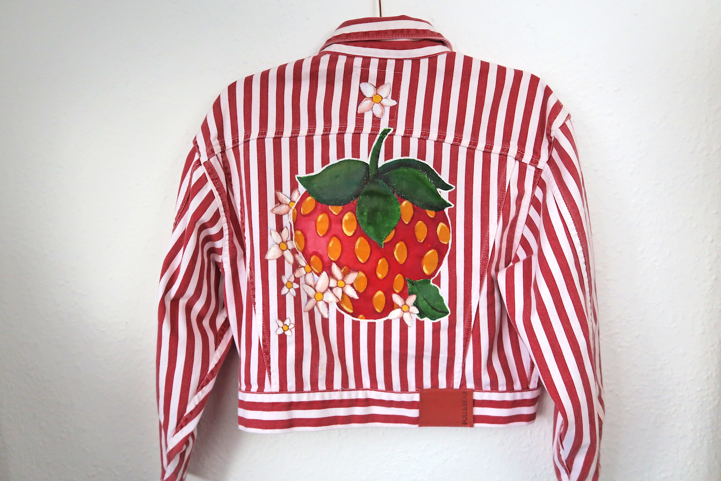 Strawberry Striped Pink Denim Jacket - Custom Painted - UK Size S