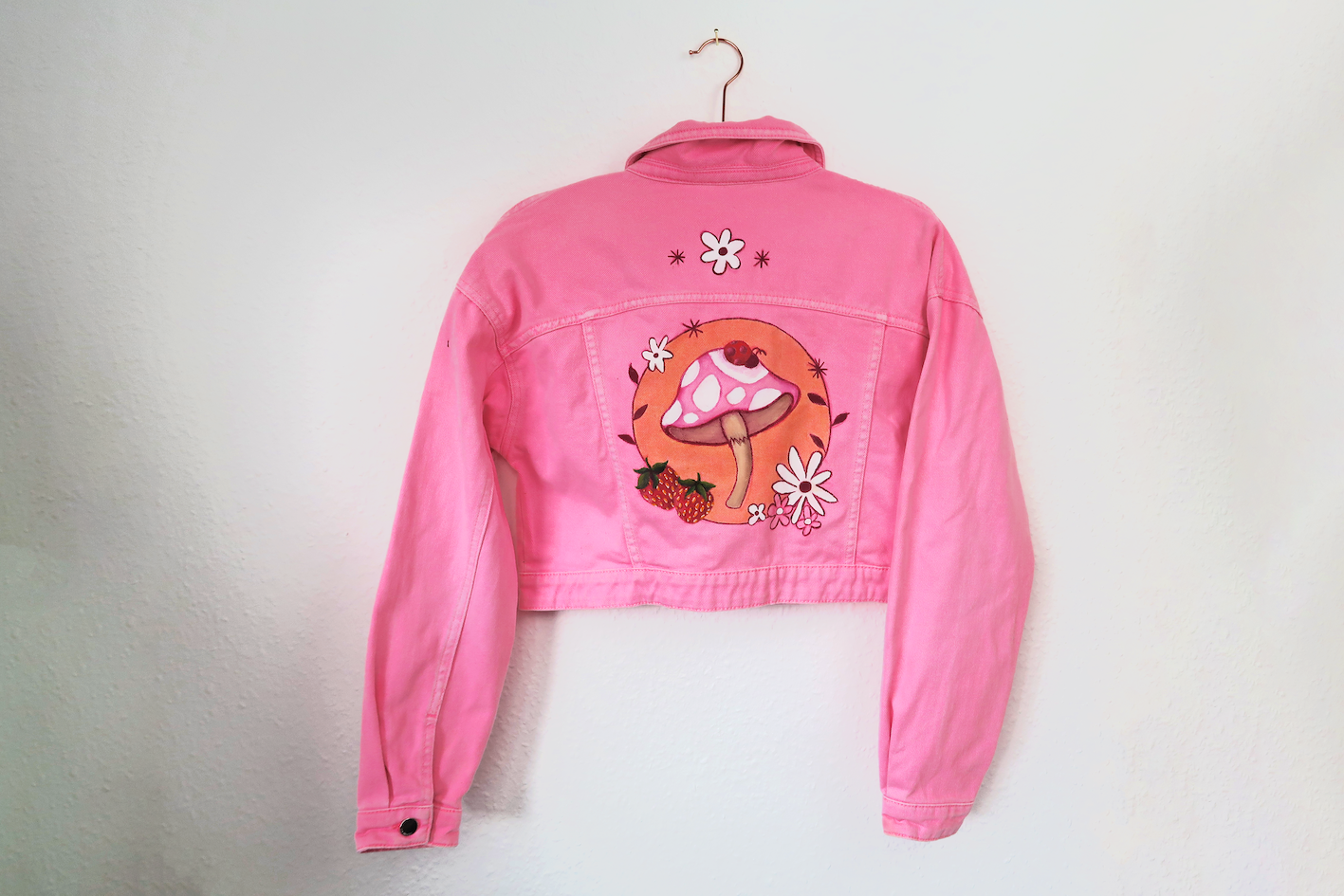 Pink Mushroom Strawberry Denim Jacket - Custom Painted - UK Size 10