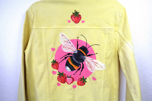 Strawberry Bee Denim Jacket - Custom Painted - UK Size Men's Small
