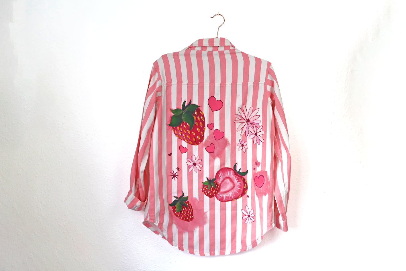 Strawberry Dream Striped Denim Shirt Jacket - Custom Painted - UK Size Women's size 4