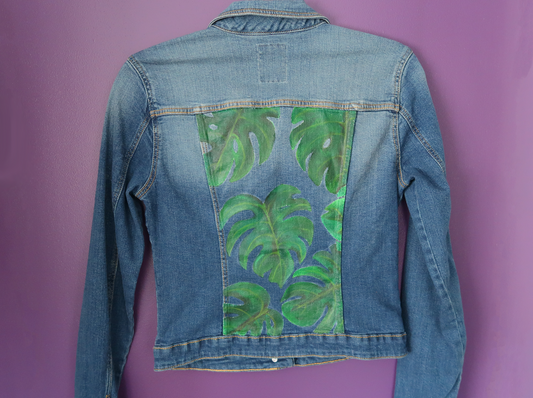 Leafy Cheese Plant Denim Jacket - Hand-painted- UK Size 8