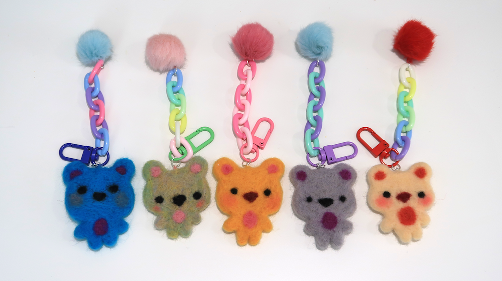 Felted Bear Keyring with Chain & Pom Pom